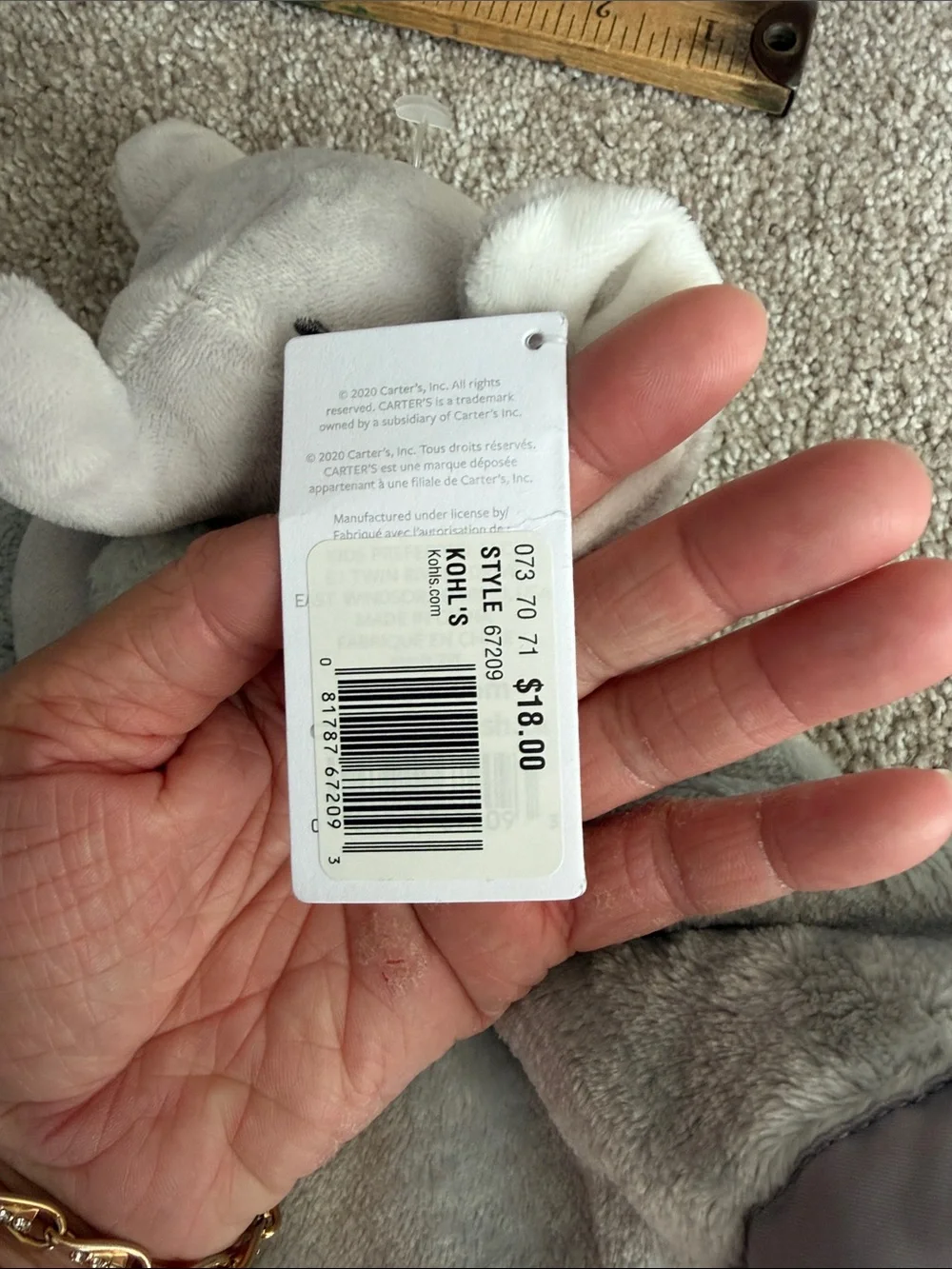 Carter's 2020 Grey Elephant Plush Security Blanket Lovey NEW WITH TAGS white ear